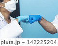 Two caucasian scientist men woman fist bump team partner shake hands together. Teamwork two scientist science chemistry research in laboratory. Close up hands pharmaceutical science team partnership 142225204