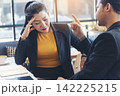 Two businesspeople meeting work at office desk. Teamwork partners team with Business strategy chart graph, infographic data financial report. Team partner planning marketing finance excel stat report 142225215