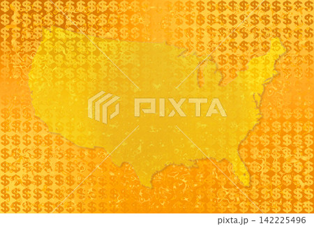 アメリカ合衆国の地図シルエットが浮かびあがる米国ドル通貨柄の金屏風背景イメージ 142225496