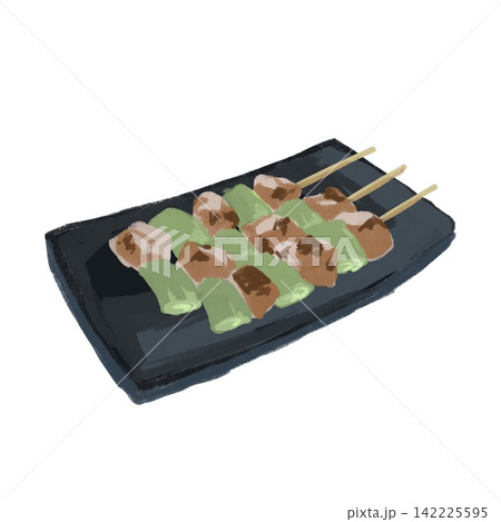 黒いお皿に盛り付けられたねぎまの焼き鳥 黒いお皿に盛り付けられたねぎまの焼き鳥 142225595