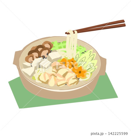 お箸で持ち上げられたお鍋の中のうどん お箸で持ち上げられたお鍋の中のうどん 142225599