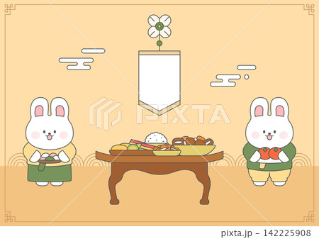 Rabbits dressed in hanbok with Korean food. Rabbits dressed in hanbok with Korean food. 142225908