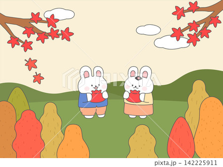 Rabbits holding red lucky pouches in an autumn forest. Rabbits holding red lucky pouches in an autumn forest. 142225911