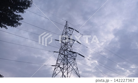electricity post with blue sky 142227367