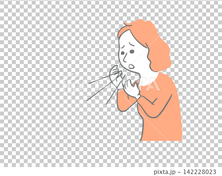 一幅簡單的插圖,描繪了一位感到不適、咳嗽的女性的上半身。 一幅簡單的插圖,描繪了一位感到不適、咳嗽的女性的上半身。 142228023