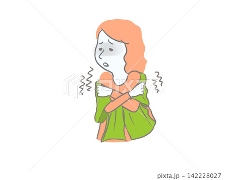 体調不良の女性上半身シンプルなイラスト、悪寒 体調不良の女性上半身シンプルなイラスト、悪寒 142228027