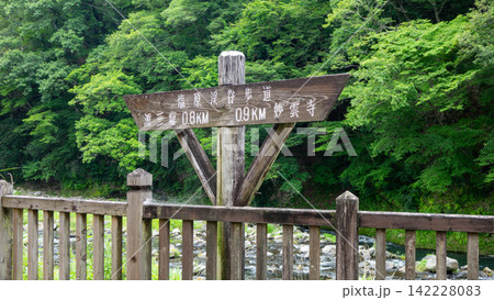 箒川沿いに続く塩原温泉郷の緑豊かな散策路・遊歩道と吊橋（栃木県那須塩原市） 142228083