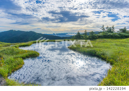 会津駒ヶ岳山頂付近の広大な高層湿原と空を映す美しい池塘の風景 会津駒ヶ岳山頂付近の広大な高層湿原と空を映す美しい池塘の風景 142228194