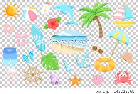 一組手繪的夏季海洋和沙灘飾品插圖。 142228369