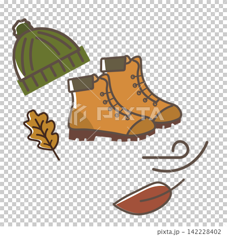 秋のファッションと自然のアイコンセット。ニット帽、ブーツ、紅葉の秋イラスト。ベクターイラスト 秋のファッションと自然のアイコンセット。ニット帽、ブーツ、紅葉の秋イラスト。ベクターイラスト 142228402