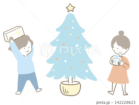 クリスマスツリーとプレゼントに喜んでいるこども 142228623