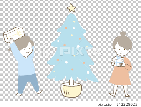 クリスマスツリーとプレゼントに喜んでいるこども 142228623