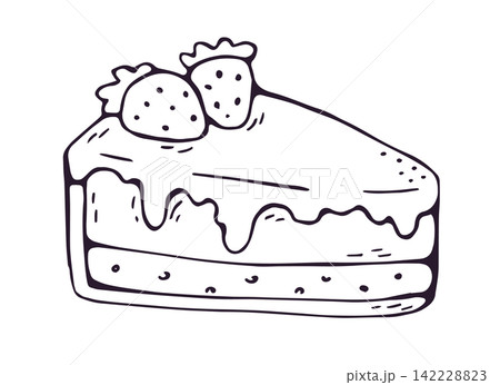 Cake Slice with Two Strawberries and Glaze Hand Drawn Doodle Cake Slice with Two Strawberries and Glaze Hand Drawn Doodle 142228823
