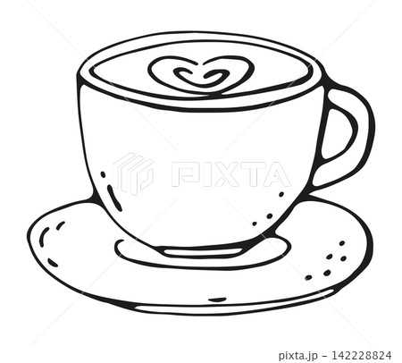 Latte Cup with Heart Art on Saucer Hand Drawn Doodle 142228824