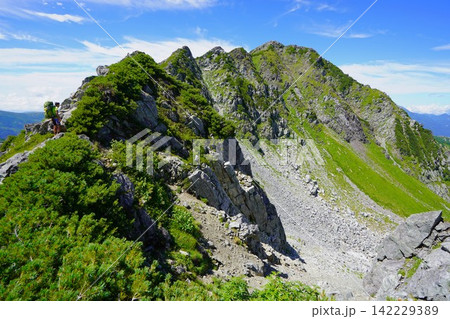 水晶岳頂上へ向かう登山者 水晶岳頂上へ向かう登山者 142229389