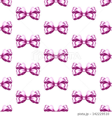 A seamless pattern of pink ribbon bows. A hand painted watercolor illustration. Perfect for textiles, clothing, tablecloths and curtains, wrapping paper, wallpaper, and much more. A seamless pattern of pink ribbon bows. A hand painted watercolor illustration. Perfect for textiles, clothing, tablecloths and curtains, wrapping paper, wallpaper, and much more. 142229510