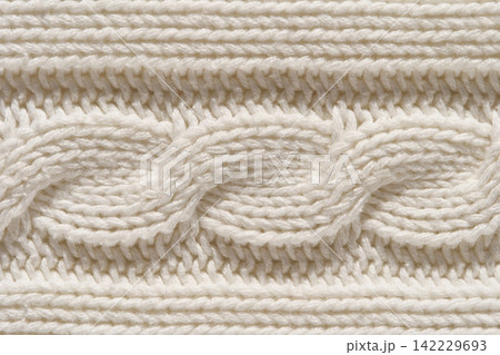 White Knitted Textile With Horizontal Ribbing And Central Cable Braid Filling Frame, Showing Thick White Knitted Textile With Horizontal Ribbing And Central Cable Braid Filling Frame, Showing Thick 142229693