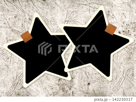 Two star-shaped frame photos with adhesive tape pieces on old paper texture. Pictures album grid for scrapbooking. Vintage style mood board layout. Copy space for your text and photo Two star-shaped frame photos with adhesive tape pieces on old paper texture. Pictures album grid for scrapbooking. Vintage style mood board layout. Copy space for your text and photo 142230317