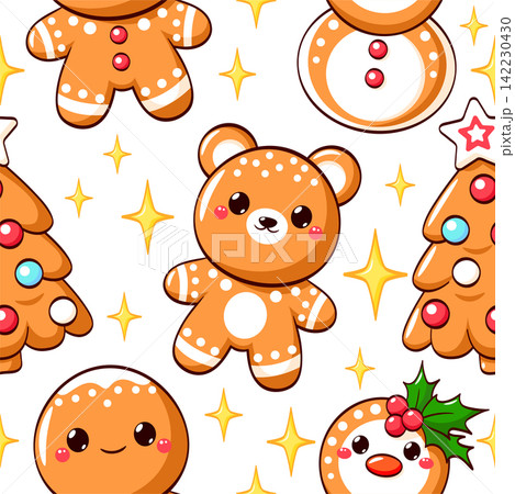 Merry Christmas Vector seamless pattern with cute gingerbread. Endless texture can be used winter holiday label, t-shirt print, greeting card, pattern fills, fabric design Merry Christmas Vector seamless pattern with cute gingerbread. Endless texture can be used winter holiday label, t-shirt print, greeting card, pattern fills, fabric design 142230430