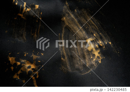 Single Black Paper Surface With Bold Gold Brush Smears And Scattered Leopard Stencil Spots On Deep 142230485