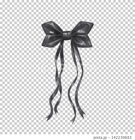 Black ribbon bow with long wavy trailing ends. Hand drawn charcoal fashion accessory illustration isolated on. Realistic detailed monochrome drawing for gift decor Black ribbon bow with long wavy trailing ends. Hand drawn charcoal fashion accessory illustration isolated on. Realistic detailed monochrome drawing for gift decor 142230683