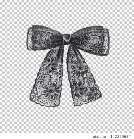Black lace ribbon bow with ornate floral pattern details. Hand drawn charcoal fashion accessory illustration isolated on. Realistic detailed monochrome drawing for gift decor Black lace ribbon bow with ornate floral pattern details. Hand drawn charcoal fashion accessory illustration isolated on. Realistic detailed monochrome drawing for gift decor 142230684