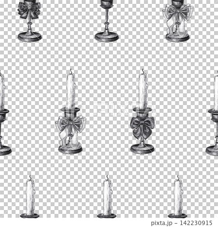 Vintage candle goblet seamless pattern with ribbon bows. Hand drawn black charcoal antique mystic object texture background. Realistic detailed monochrome sketch for textile wallpaper decor 142230915