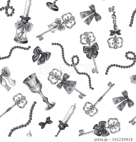 Vintage dark coquette seamless pattern with keys candles goblets. Hand drawn black charcoal bow bead texture background. Detailed monochrome sketch for textile wallpaper decor Vintage dark coquette seamless pattern with keys candles goblets. Hand drawn black charcoal bow bead texture background. Detailed monochrome sketch for textile wallpaper decor 142230919