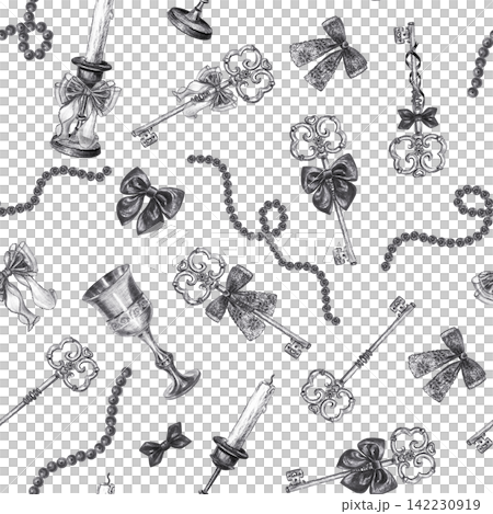 Vintage dark coquette seamless pattern with keys candles goblets. Hand drawn black charcoal bow bead texture background. Detailed monochrome sketch for textile wallpaper decor Vintage dark coquette seamless pattern with keys candles goblets. Hand drawn black charcoal bow bead texture background. Detailed monochrome sketch for textile wallpaper decor 142230919