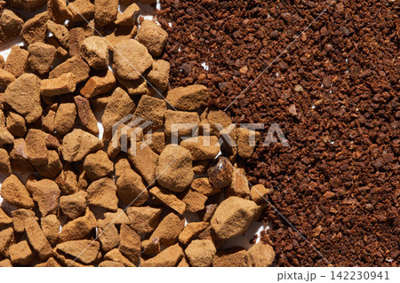 Instant Coffee Granules And Ground Coffee Overlapped On White Background Closeup Overhead View Instant Coffee Granules And Ground Coffee Overlapped On White Background Closeup Overhead View 142230941