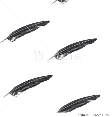 Vintage black raven feather seamless pattern with plume texture. Hand drawn charcoal quill bird wing diagonal element background. Detailed monochrome sketch for textile wallpaper decor 142231060