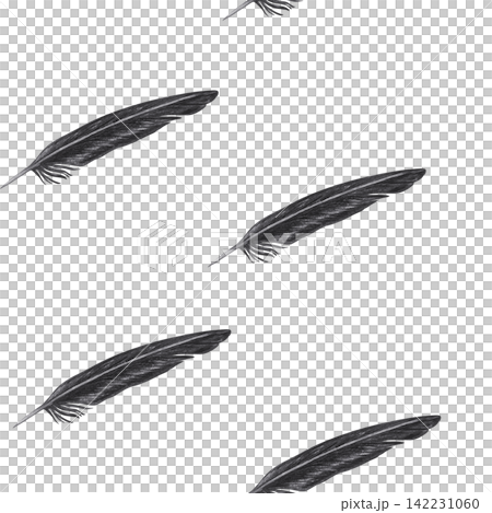 Vintage black raven feather seamless pattern with plume texture. Hand drawn charcoal quill bird wing diagonal element background. Detailed monochrome sketch for textile wallpaper decor 142231060