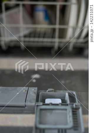 Dishwasher Detergent Compartment With Open Dosing Drawer In Lower Door Shot Vertically Showing Dishwasher Detergent Compartment With Open Dosing Drawer In Lower Door Shot Vertically Showing 142231071
