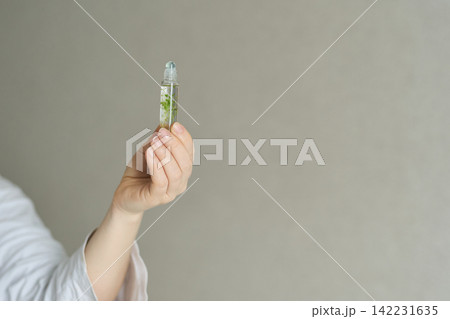 Hand Holding Small Glass Roller Bottle With Suspended Green Plant Fragments Against Plain Neutral Hand Holding Small Glass Roller Bottle With Suspended Green Plant Fragments Against Plain Neutral 142231635