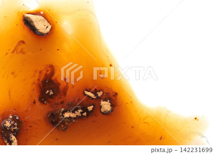 Crumbled Biscuit Pieces And Caramel Sauce Spreading Across White Surface In Highkey Studio Closeup Crumbled Biscuit Pieces And Caramel Sauce Spreading Across White Surface In Highkey Studio Closeup 142231699