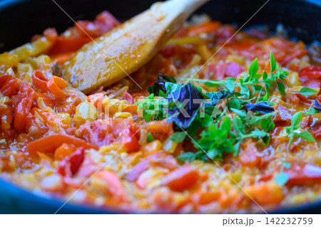 Close up. Stir Fry Vegetables in Steaming Wok Dynamic Kitchen Environment Energetic Culinary Action Close up. Stir Fry Vegetables in Steaming Wok Dynamic Kitchen Environment Energetic Culinary Action 142232759