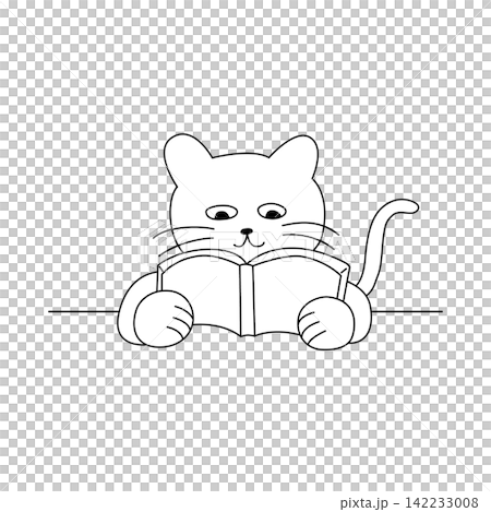 可愛的白貓角色正在讀書學習的線條描圖。 142233008