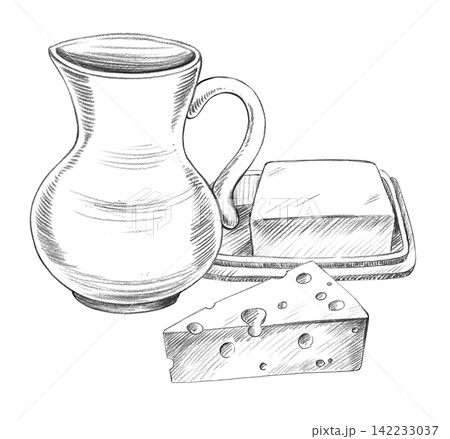 Gug, butter and cheese. Handmade farm pencil illustrations. For design of cards, cover, prints, product labels and fabric. 142233037