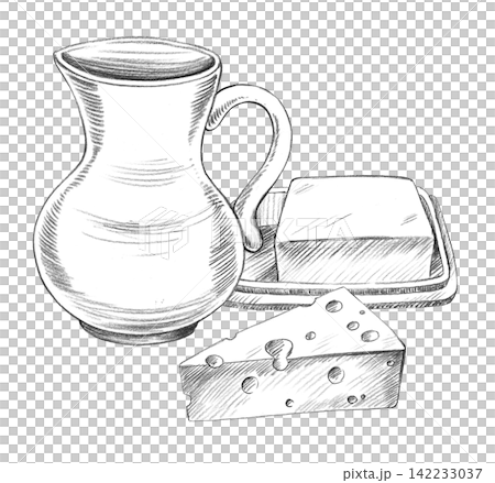 Gug, butter and cheese. Handmade farm pencil illustrations. For design of cards, cover, prints, product labels and fabric. 142233037