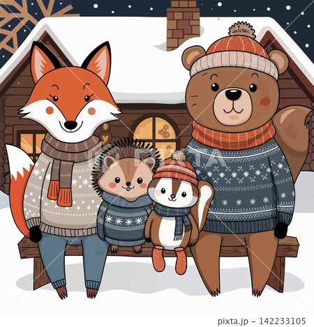 This digital illustration depicts a cozy winter scene with four cute cartoon forest animals This digital illustration depicts a cozy winter scene with four cute cartoon forest animals 142233105