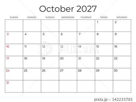 October 2027 calendar template. Week Starts on SUNDAY. Printable monthly schedule in a minimalist style on transparent background. Simple and clean design. Vector 142233785