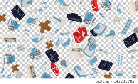 Several objects related to medicine and healthcare, such as a wheelchair, pills, a syringe, and so on, are randomly arranged on a white background, 3d render Several objects related to medicine and healthcare, such as a wheelchair, pills, a syringe, and so on, are randomly arranged on a white background, 3d render 142233792