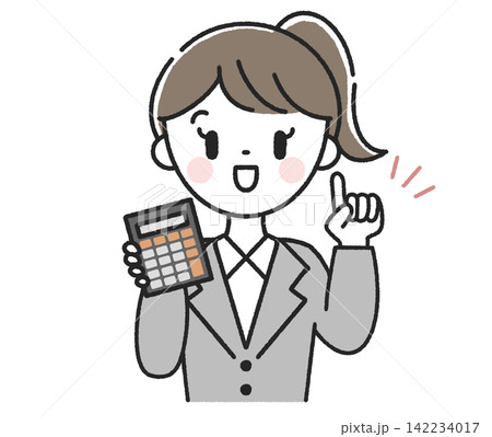 電卓を持った指差しポーズの女性社員 142234017
