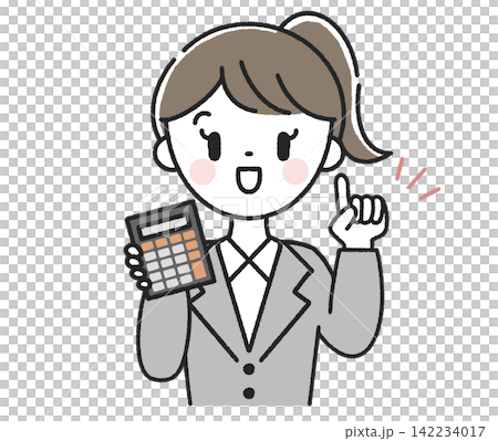 電卓を持った指差しポーズの女性社員 142234017