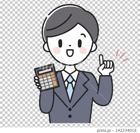 電卓を持った指差しポーズの男性社員 電卓を持った指差しポーズの男性社員 142234018