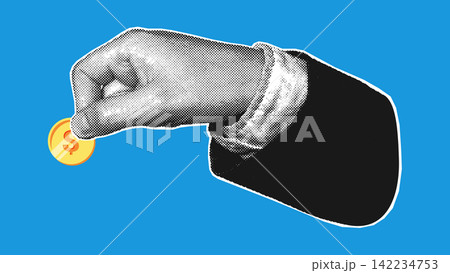 Hand in suit sleeve holding a dollar coin between fingers on a blue background, vector illustration, finance concept, business style, halftone pop art. 142234753
