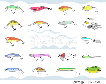 カラフルなルアーと水面のあしらいイラスト素材セット 142235005