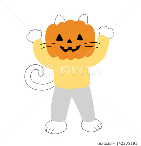 カボチャの仮装をする白猫と楽しむハロウィンデザイン カボチャの仮装をする白猫と楽しむハロウィンデザイン 142235193