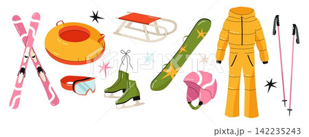 Winter sports equipment set with skis, snowboard, sled, ice skates, ski suit, helmet and goggles Winter sports equipment set with skis, snowboard, sled, ice skates, ski suit, helmet and goggles 142235243