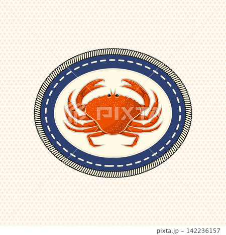 Vintage marine scout badge featuring a detailed sea crab vector illustration in embroidered patch style. Nautical wildlife emblem for scouting, fishing, outdoor adventure, apparel, stickers. Vintage marine scout badge featuring a detailed sea crab vector illustration in embroidered patch style. Nautical wildlife emblem for scouting, fishing, outdoor adventure, apparel, stickers. 142236157